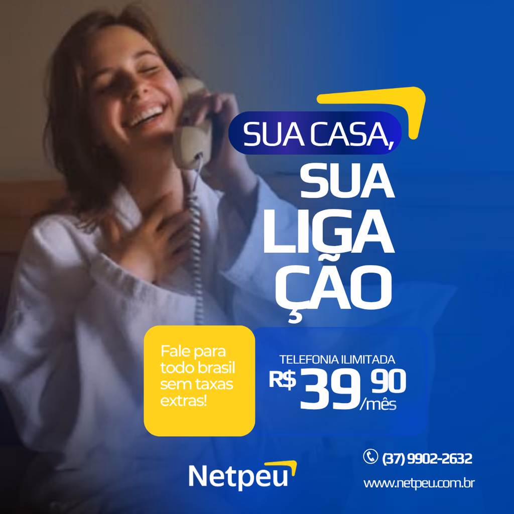 Campanha de telefonia Netpeu com uma mulher sorrindo ao falar no telefone fixo