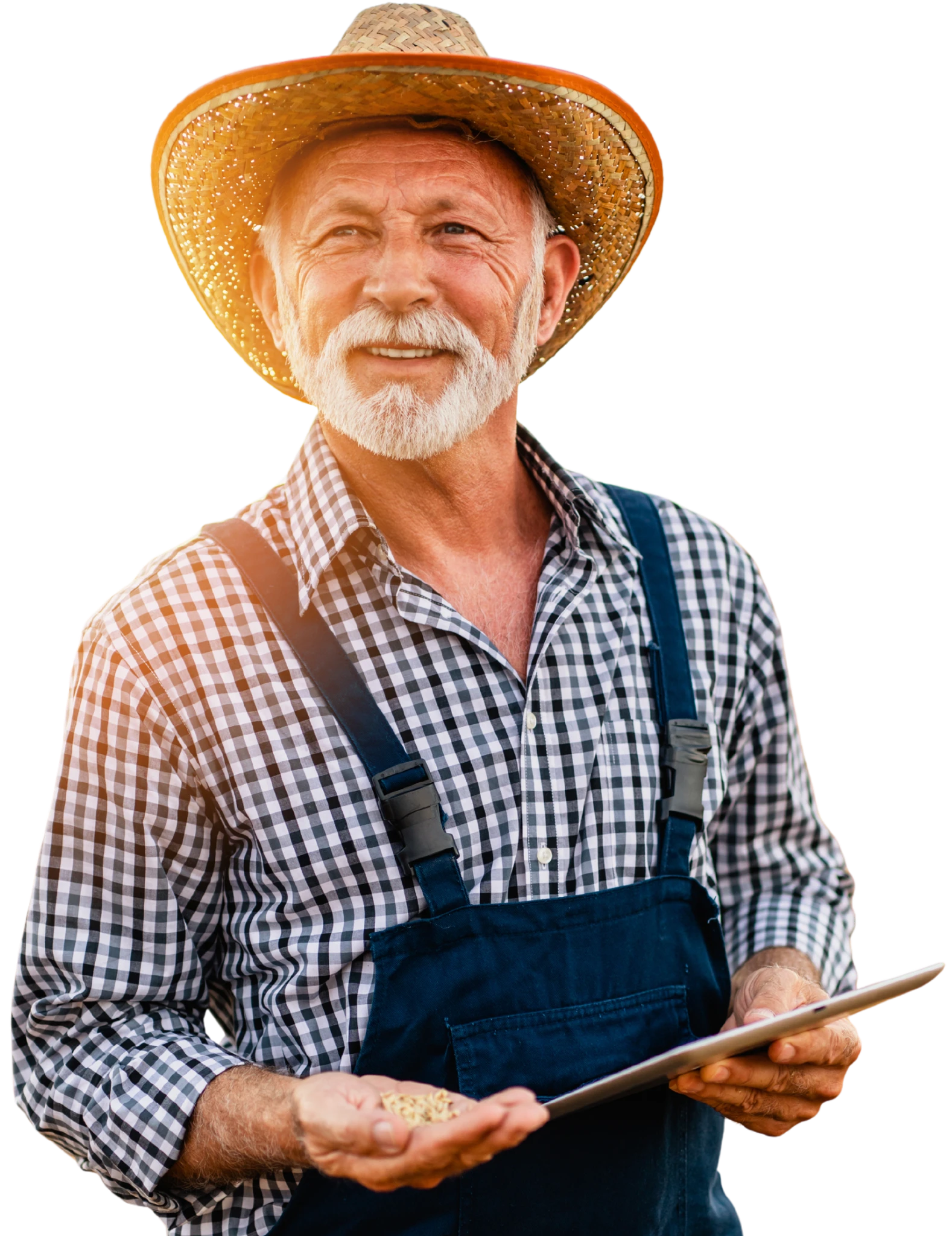 Homem mais velho no campo usando um tablet, imagem ilustrativa